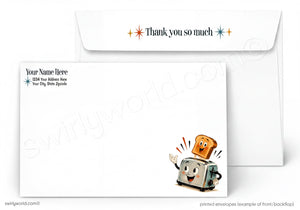 A printed stationery set showing a white envelope with the phrase 'Thank you so much' and sparkles on the flap, and a matching white card with placeholder address text and a cartoon toaster character on the lower right.