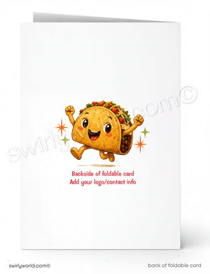 Backside of a foldable card with a cartoon taco character on a white background