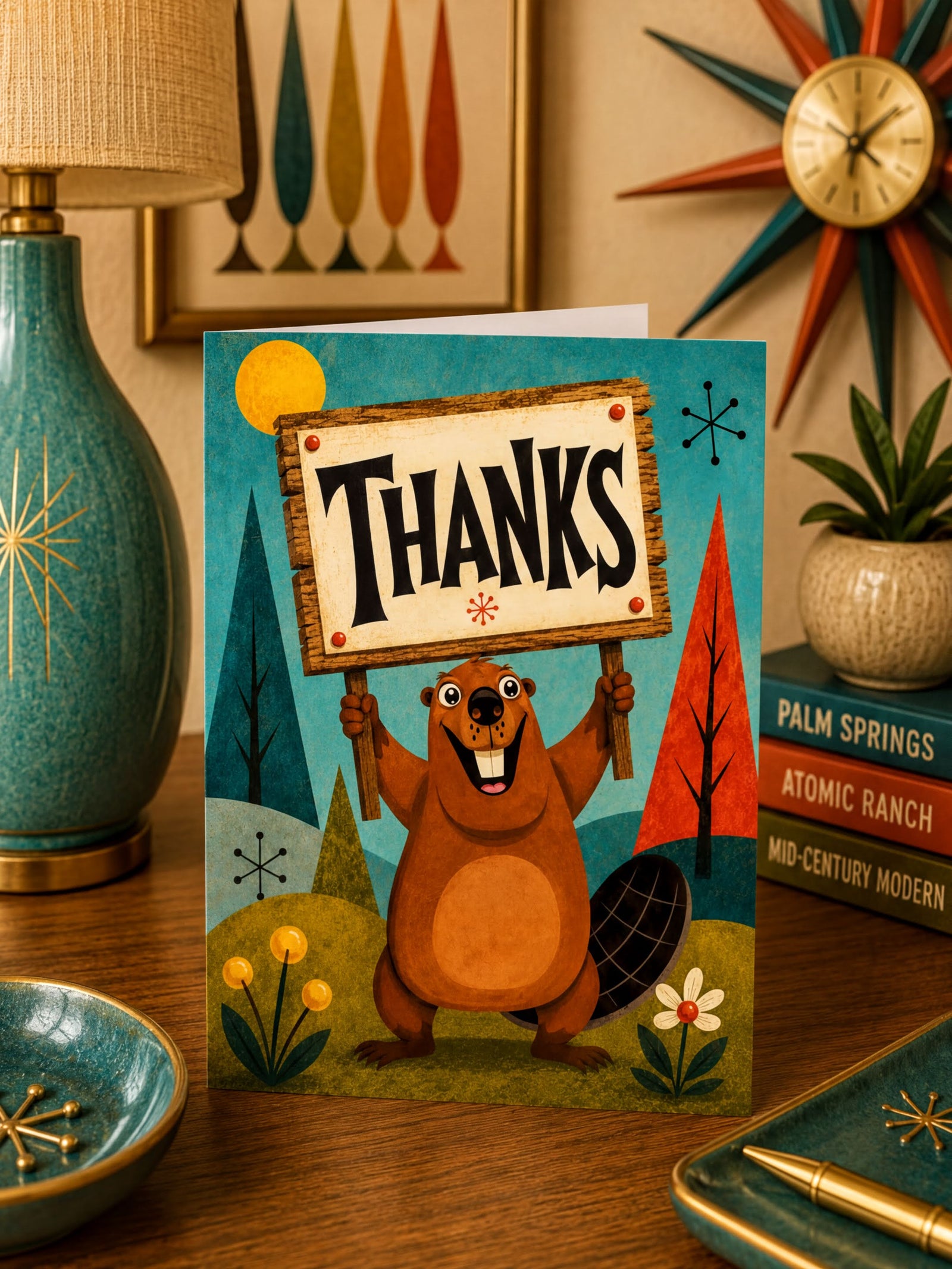 Card with a cartoon beaver holding a 'Thanks' sign against a forest background