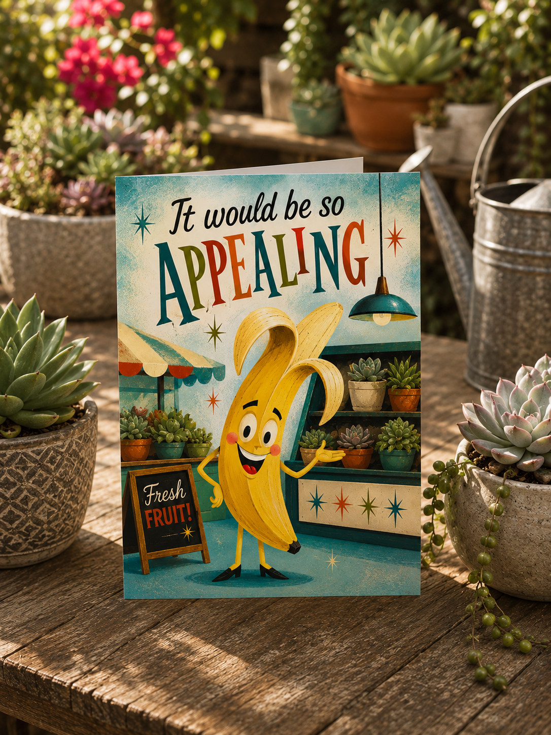 A folded greeting card shown front-facing on a white background. The card features a colorful retro illustration of a smiling banana character standing in a fruit stand, with the text 'It would be so APPEALING' at the top.