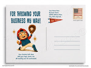 Postcard with a cartoon baseball player and customizable text area on a white background