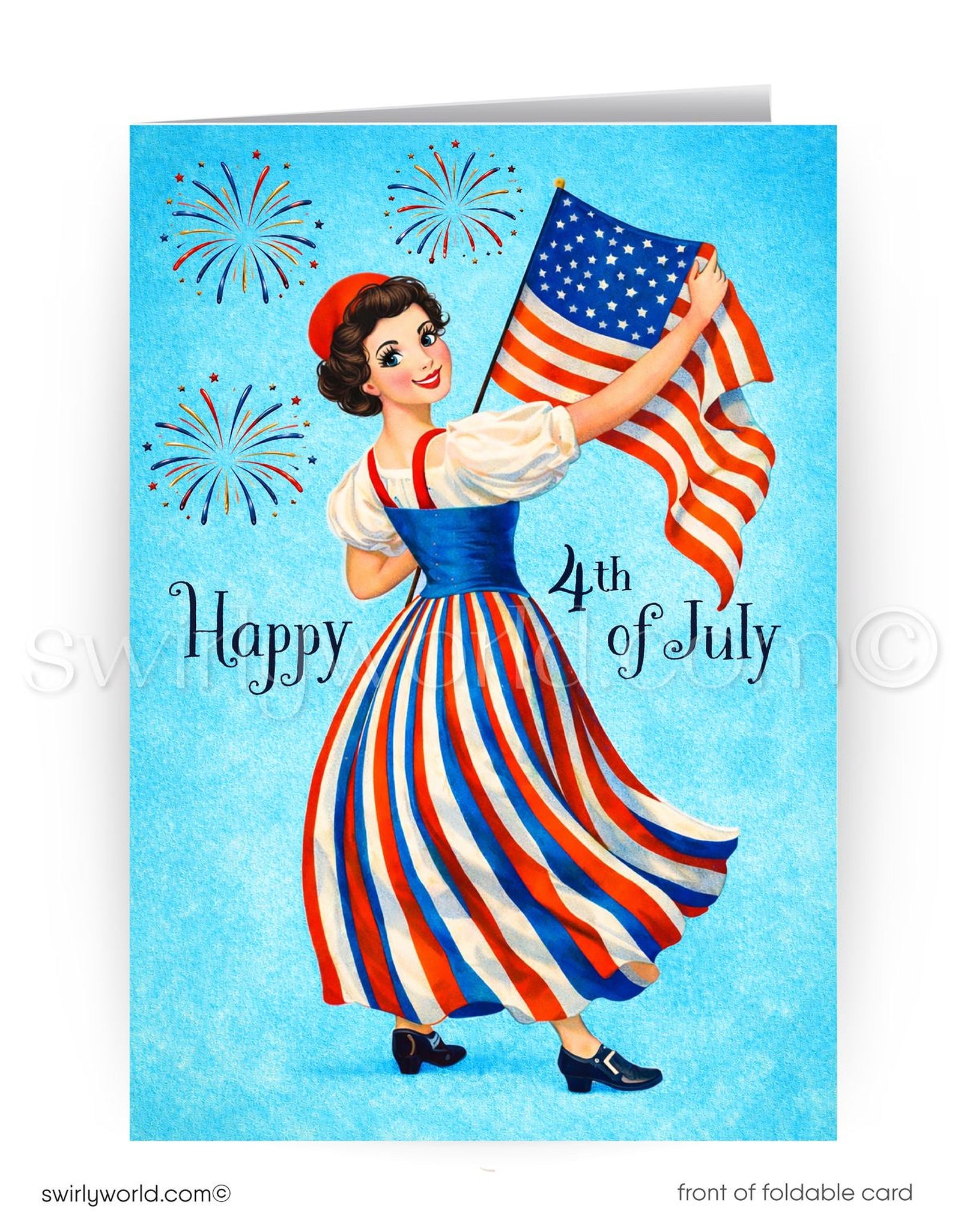 A woman in a patriotic dress is holding an American flag and celebrating the 4th of July, with fireworks in the background.