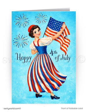 A woman in a patriotic dress is holding an American flag and celebrating the 4th of July, with fireworks in the background.