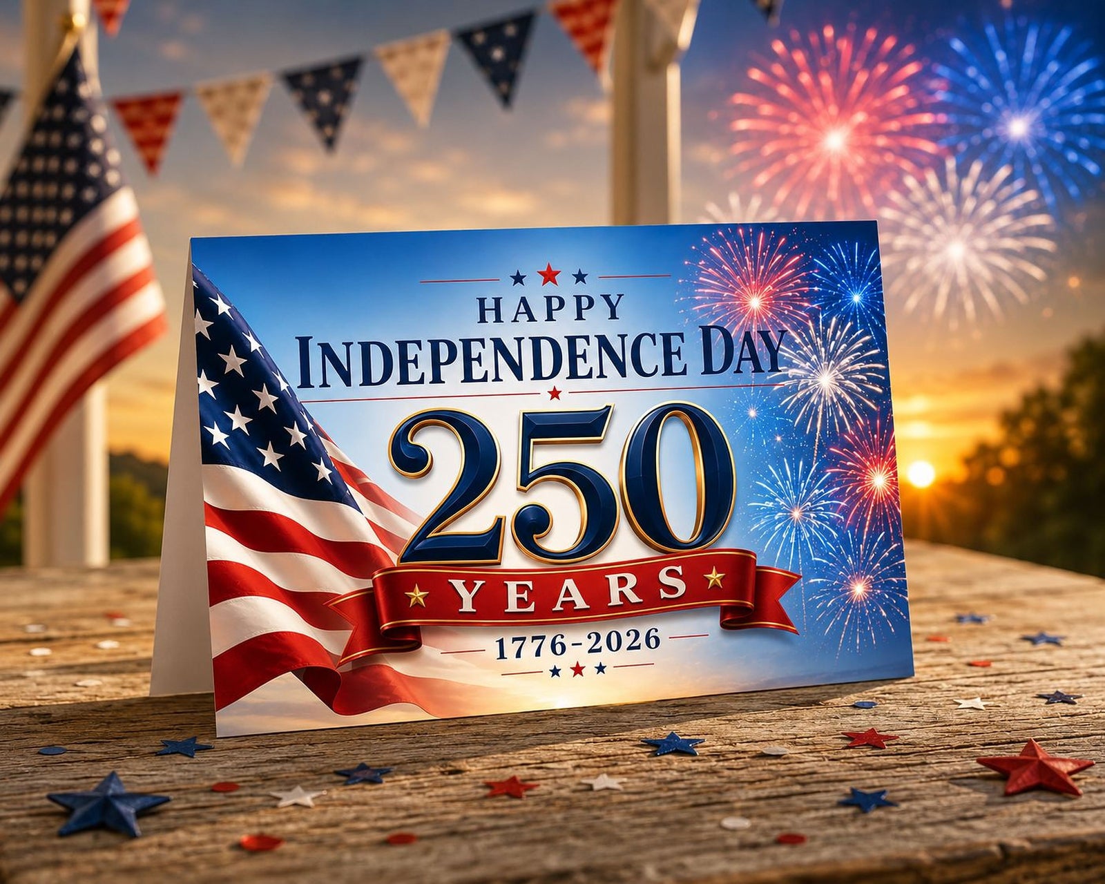 Independence Day greeting card with American flag, fireworks, and text celebrating 250 years of Independence Day.