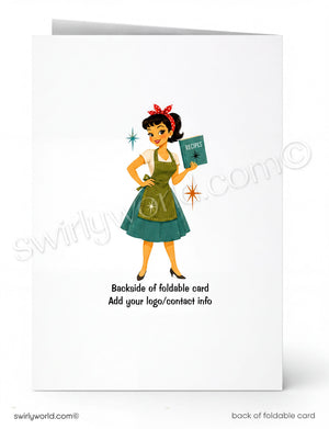 A folded white card shown front and back on a white background. The front features a retro-style illustration of a woman in a green apron holding a book, with text below reading 'Backside of foldable card Add your logo/contact info.