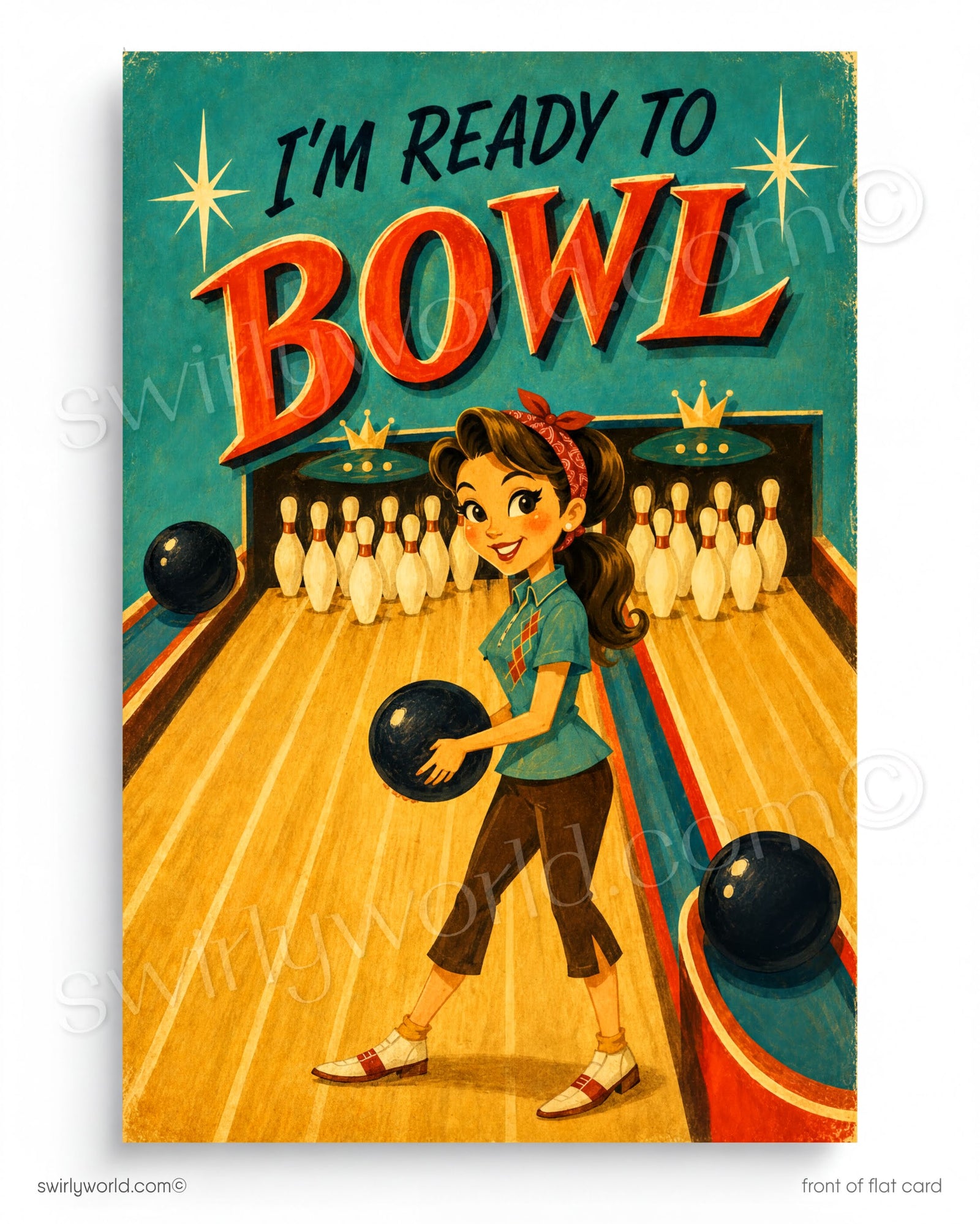 Vintage-style poster with a woman ready to bowl, featuring text 'I'm Ready to Bowl'.