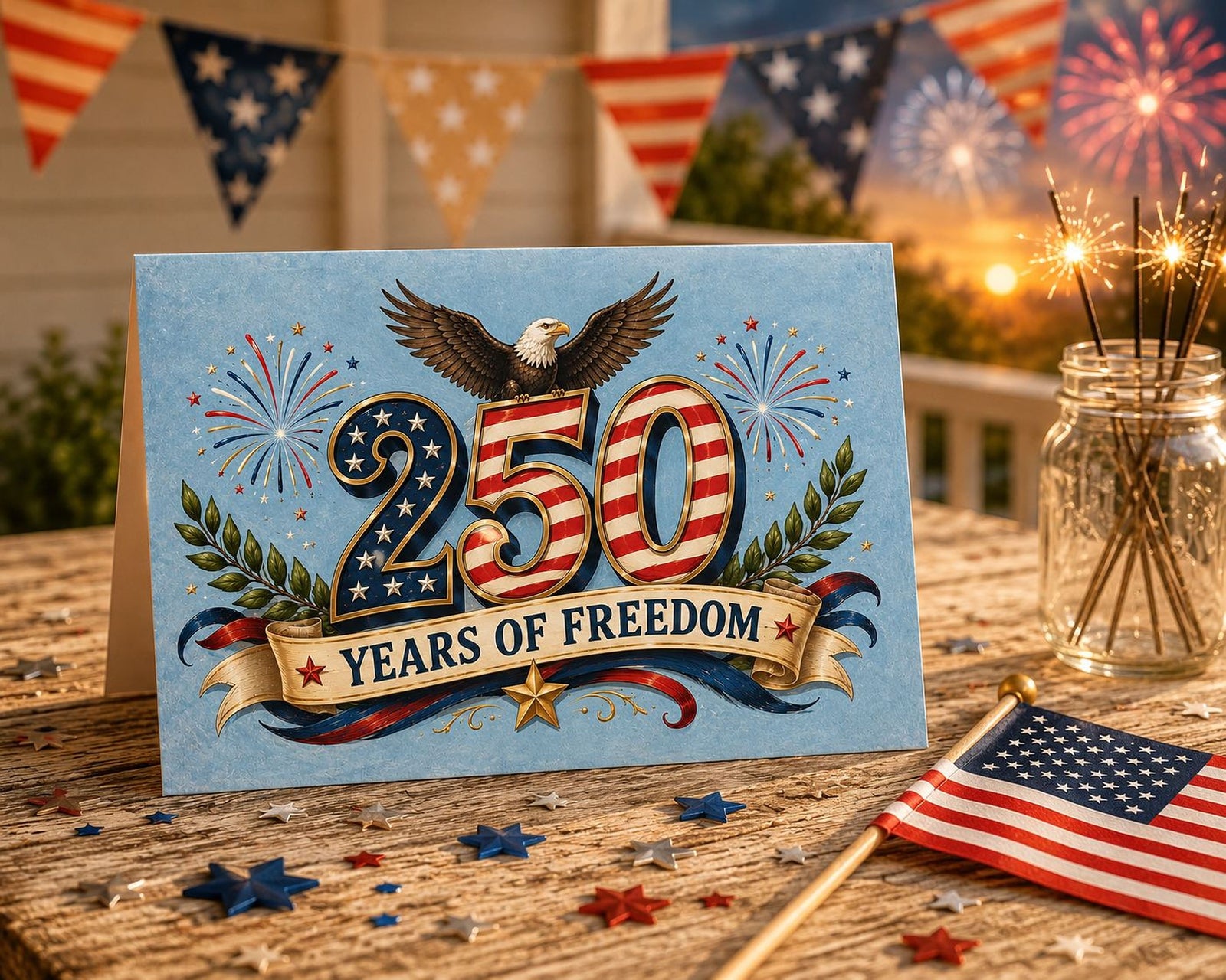 Greeting card with eagle, stars, and '250 Years of Freedom' text on a blue background