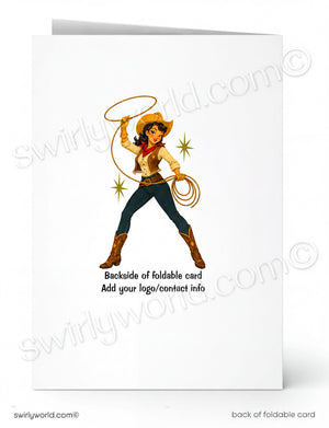 A folded white card shown front and back on a white background. The front features a cartoon cowboy woman with a lasso, and the back has placeholder text reading 'Backside of foldable card' and 'Add your logo/contest info'.