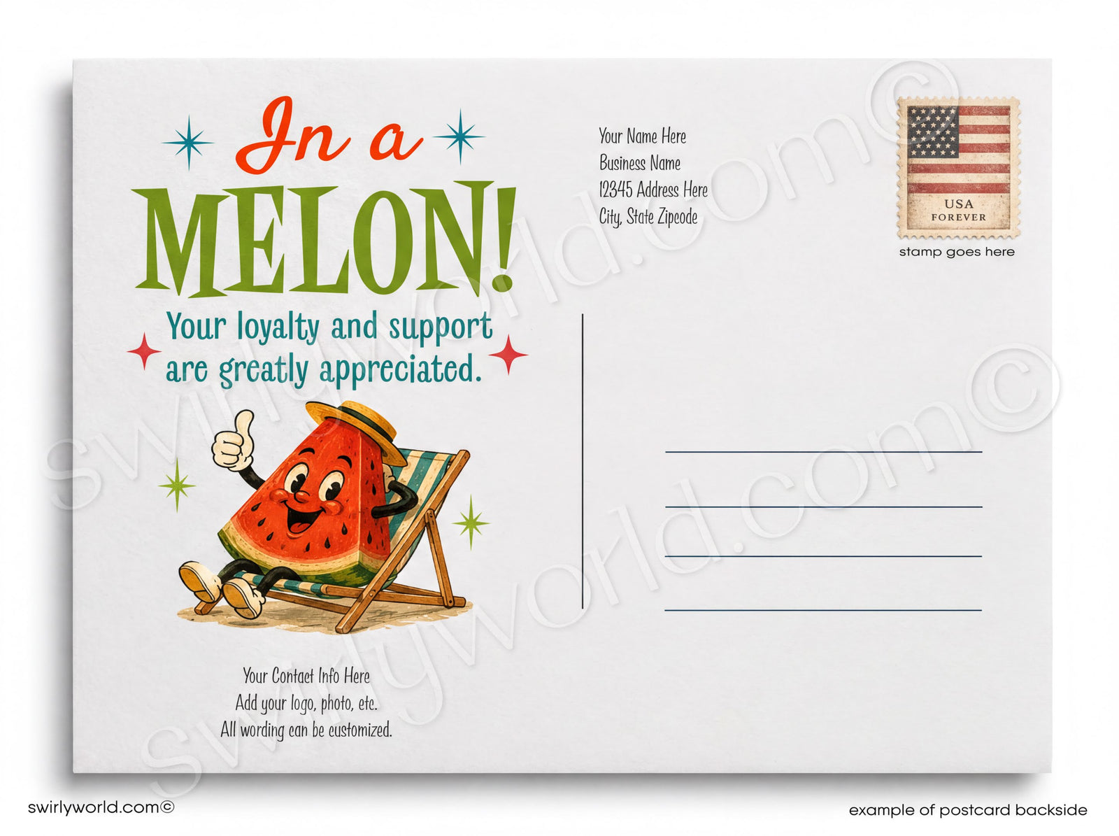 Vintage-style birthday card with a watermelon character giving a thumbs up on a picnic table.
