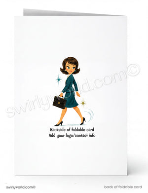 A folded greeting card shown front and back on a white background. The front features a retro-style illustration of a woman in a teal dress carrying a black briefcase, with small star accents and placeholder text reading 'Backside of foldable card' and 'Add your logo/contact info.