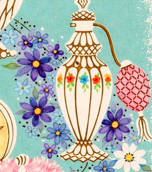 The image is a vibrant and colorful illustration featuring a decorative vase surrounded by an array of flowers in various shades of blue, purple, and pink.