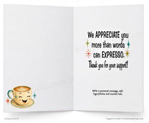 Open card with a coffee cup illustration and text on a white background