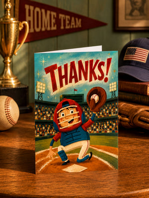 A greeting card with an illustration of a baseball player holding a baseball and a "THANKS!" message, placed on a wooden surface with a trophy, books, and a baseball in the background.