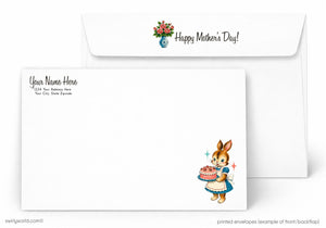 Mother's Day card with a rabbit holding a cake and an envelope with 'Happy Mother's Day!' text.
