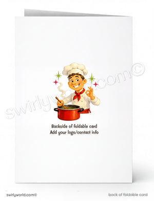 Backside of a foldable card with a chef illustration and text space for branding.
