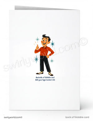 Backside of a folded card with a cartoon character and Swirly World branding.