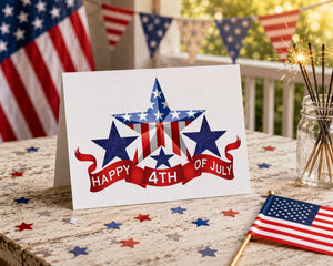 A greeting card with a patriotic design celebrating the 4th of July, surrounded by American flags, sparklers, and confetti on a wooden table.