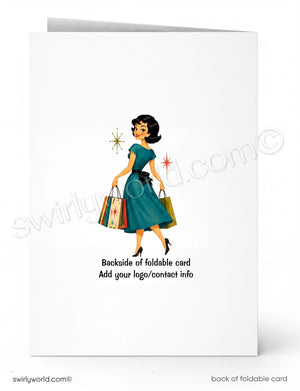 A white foldable card shown front and back. The front features a retro-style illustration of a woman in a teal dress carrying shopping bags, with placeholder text below.
