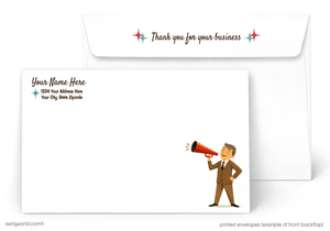 A white envelope with a cartoon illustration of a man using a megaphone. The envelope has a message that says "Thank you for your business" and a space for the recipient's name and address.