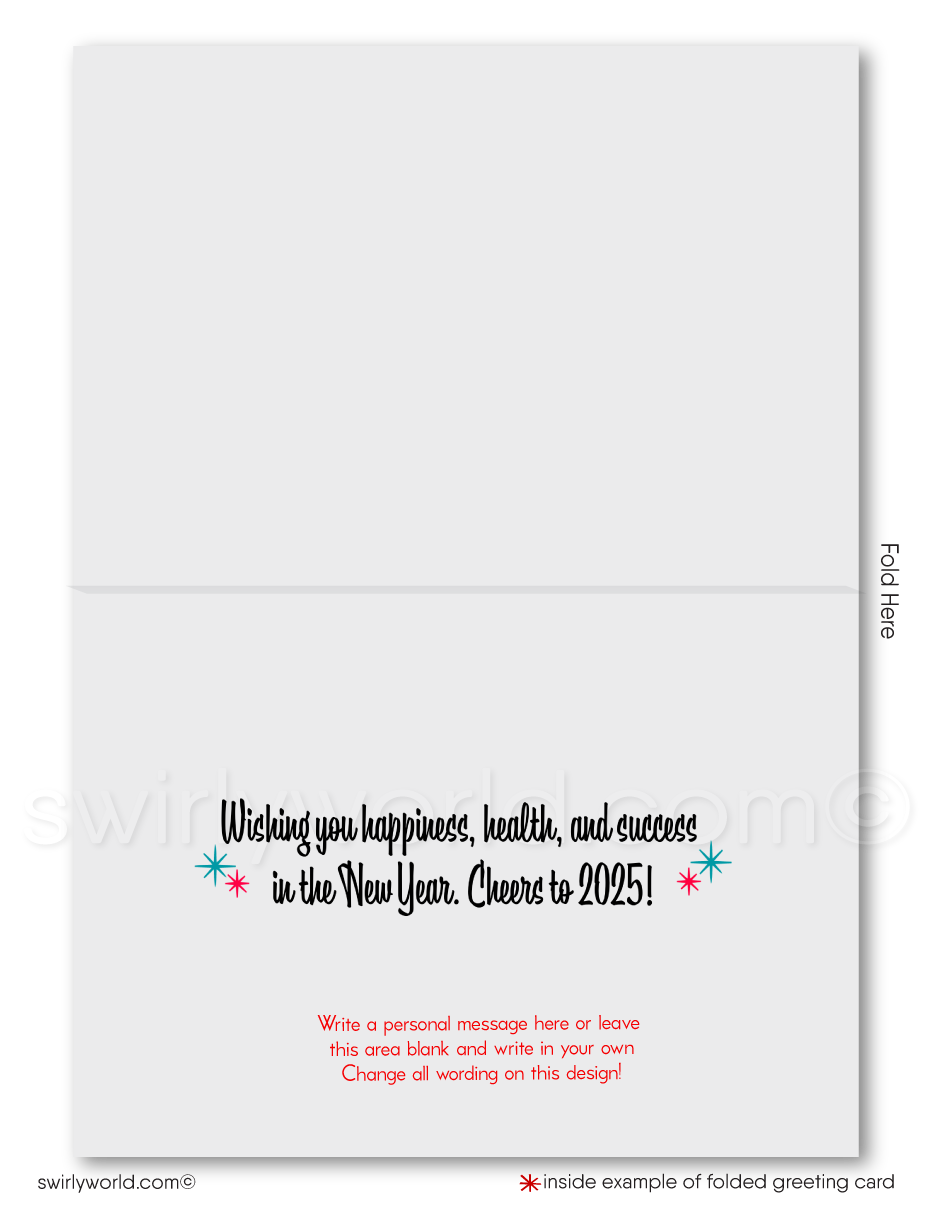 Celebrate the New Year with retro charm! Bold 1960s-70s typography, vibrant red & blue colors, and atomic starbursts make this card a festive vintage favorite.