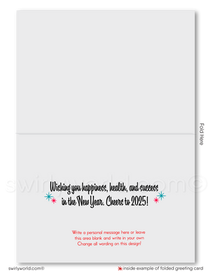 Retro 1970s Happy New Year Card – Bold Vintage Typography with Red & Blue Design and Atomic Starbursts