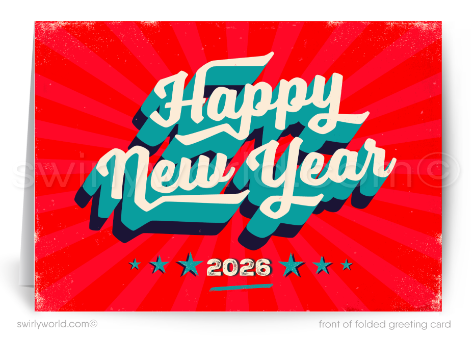 Happy New Year 2026 greeting card with red background and text