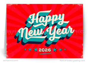 Happy New Year 2026 greeting card with red background and text
