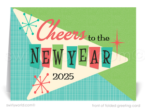 Cheers to the New Year! Atomic Mid-Century Retro Happy New Year Greeting Cards for 2025
