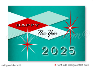 Ring in 2025 with retro flair! Mid-Century Modern Happy New Year Card featuring MCM motifs, starbursts, & full customization via Corjl. Chic & nostalgic design!
