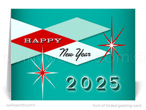 Celebrate the New Year with retro 1950s-60s cards featuring starbursts, retro typography, and a teal blue & red MCM color palette. Perfect for vintage style lovers!