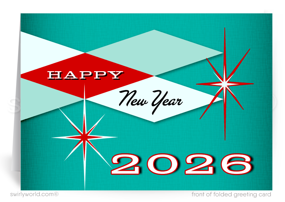 Vintage-style 'Happy New Year 2026' card with geometric design on a teal background