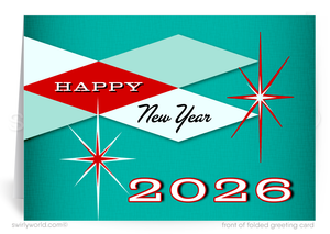 Vintage-style 'Happy New Year 2026' card with geometric design on a teal background