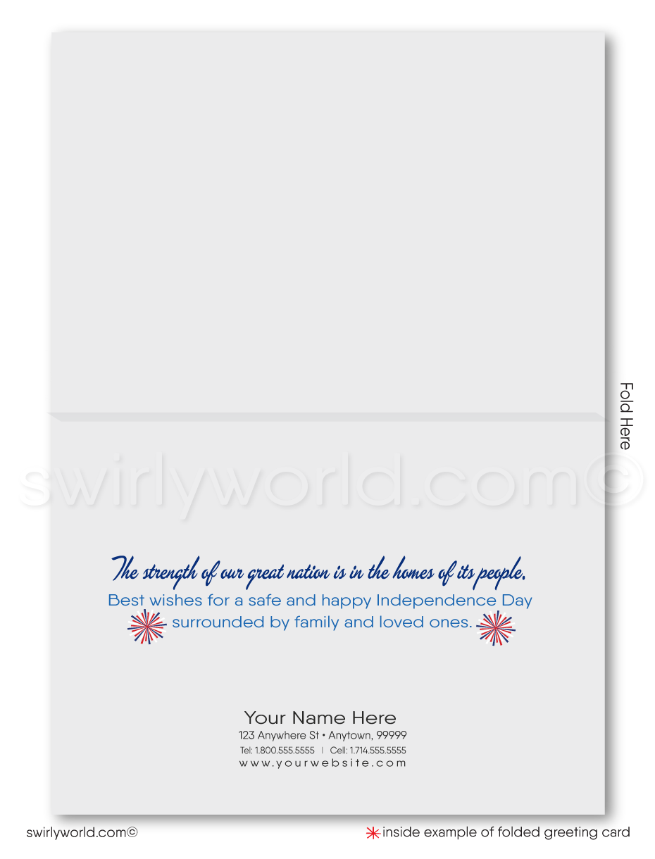 Patriotic American Neighborhood of Houses with fireworks celebrate Independence Day; happy 4th of July greeting card marketing for Realtors®.