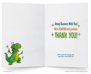 Open card with a cartoon dinosaur and text expressing gratitude for business.