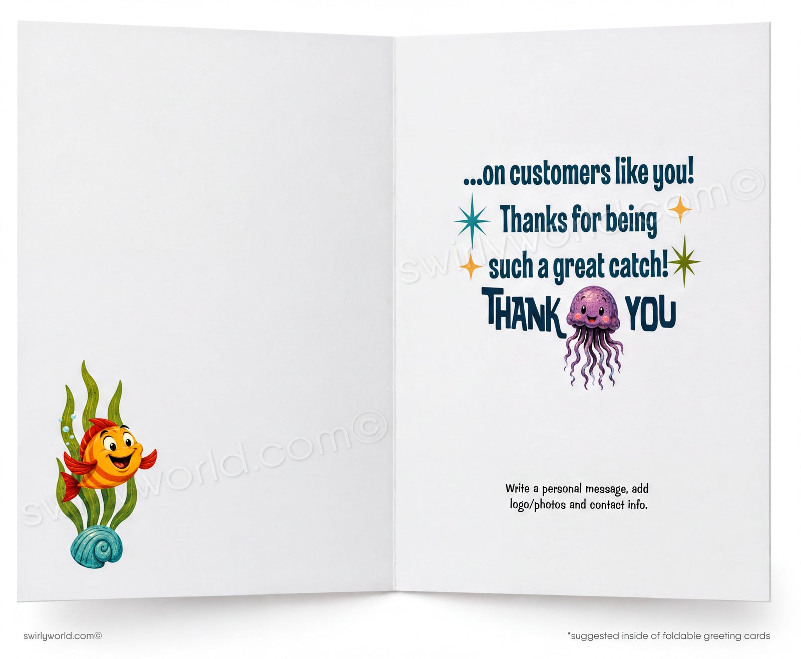 A colorful front cover of a foldable card or poster featuring an underwater scene with a smiling orange striped fish hooked on a rope, plus a purple jellyfish, crab, starfish, and seaweed. The word 'Hooked' appears in large stylized lettering at the top.