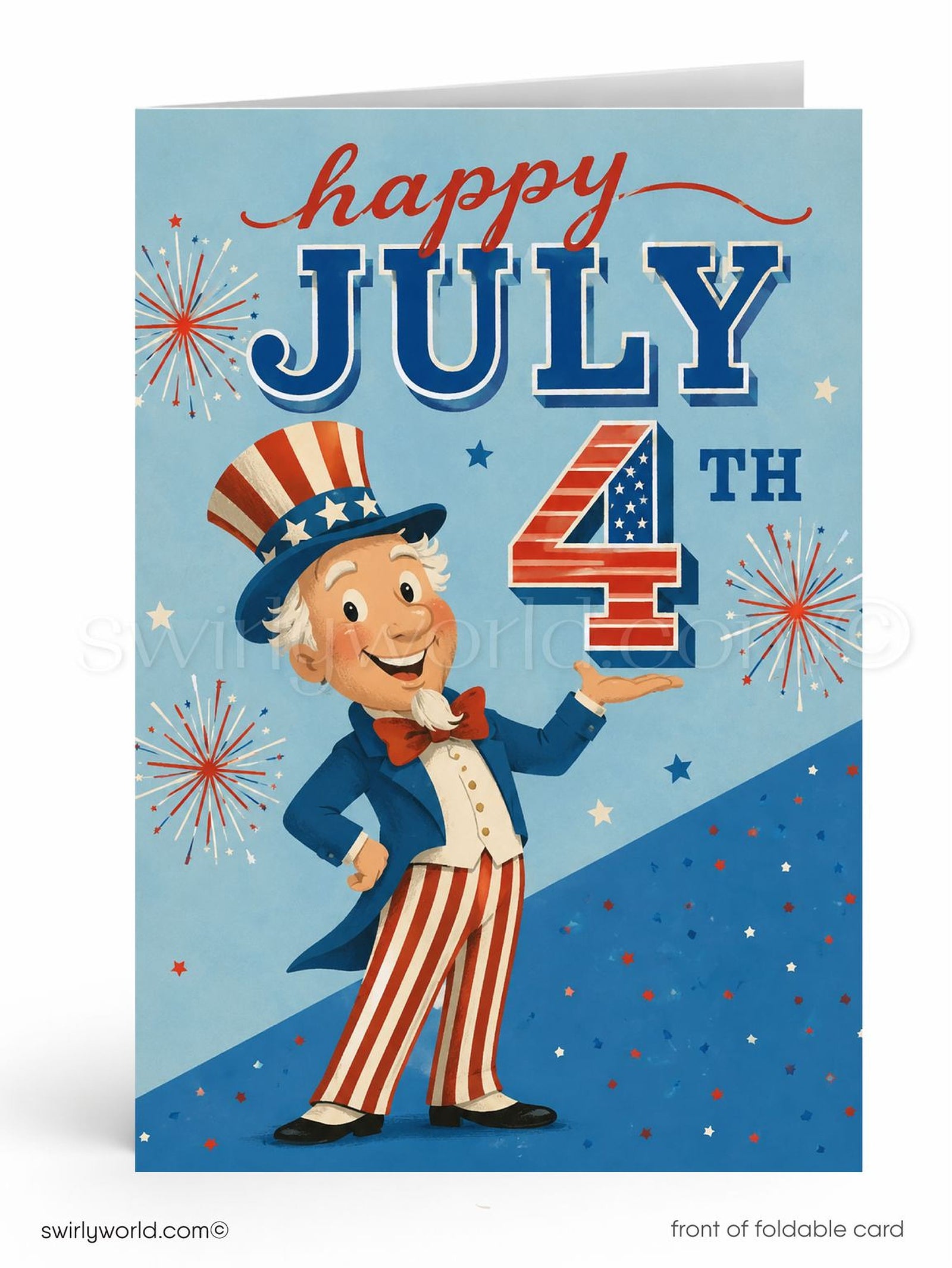 A card with a cartoon character wearing an Uncle Sam hat and holding a large number 4, celebrating the 4th of July.