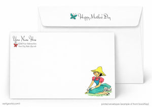 Mother's Day card with illustration of a woman in a yellow hat and green dress, and a matching envelope.