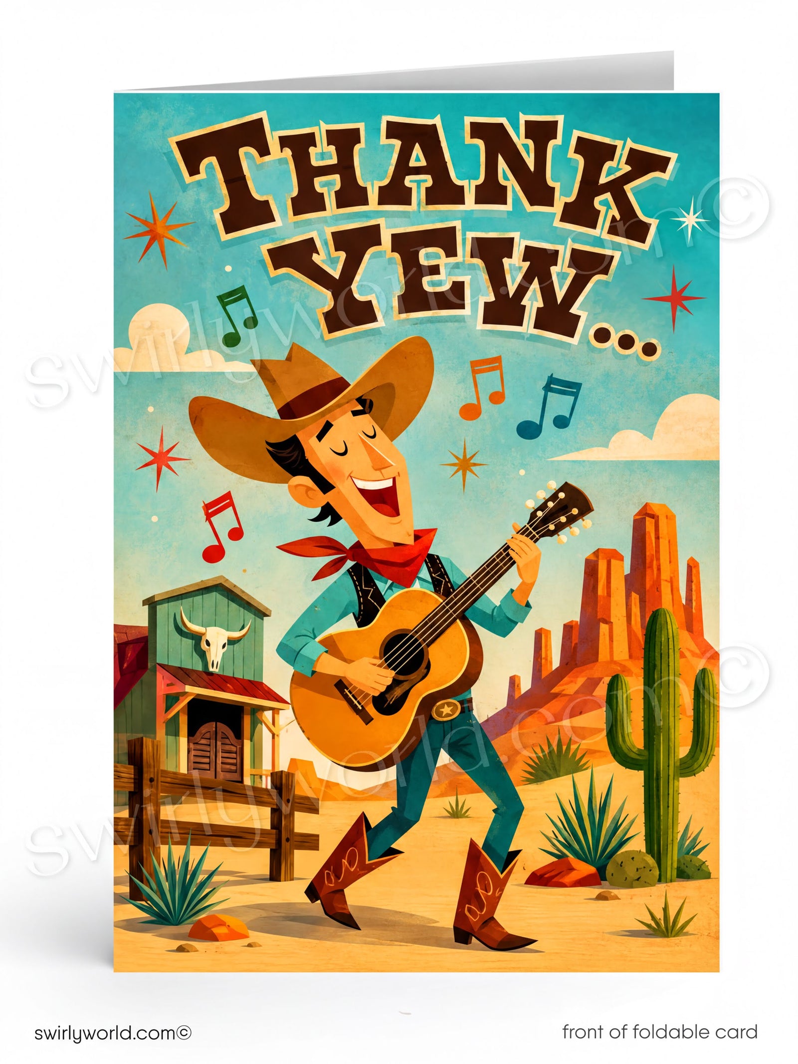 A folded greeting card shown front-facing on a white background. The card features a colorful western desert illustration with a cowboy playing guitar under large 'THANK YEW.
