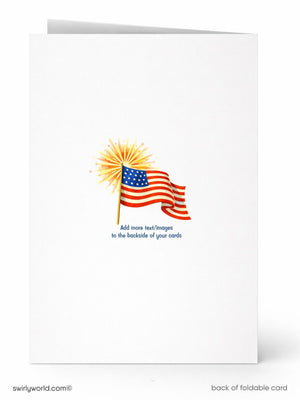The image is a greeting card featuring an American flag and a fireworks display, with the text "Add more text/Images to the backsides of your cards" and "back of foldable card" at the bottom.