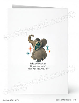 an elephant with a starry background, along with the text "Backside of folded card" and instructions to "Add a personal message" and "Upload your logo/contact info".