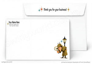Envelopes with a cartoon detective holding a magnifying glass, suitable for business use.
