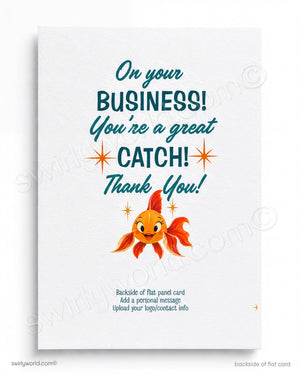 Card with a goldfish illustration and text on a white background
