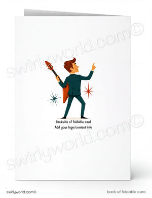A folded white greeting card shown front and back on a white background. The front features a simple illustration of a person in a dark teal suit holding a brown guitar, with small starburst accents and placeholder text reading 'Backside of foldable card' and 'Add your logo/contact info'.