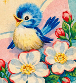 Colorful illustration of a blue bird with flowers on a pastel background