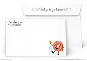 Envelopes with a cartoon donut character and 'Thank you for your business!' text on a white background.