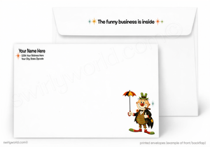 a white envelope with a cartoon clown holding an umbrella.