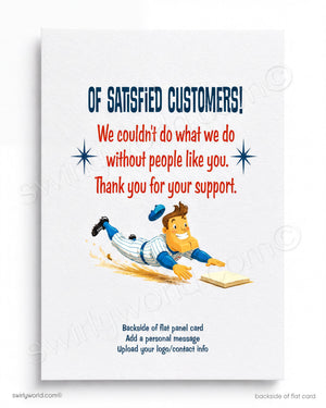 Card with a cartoon baseball player and text thanking satisfied customers.