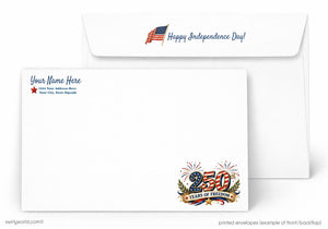 Independence Day themed letterhead with American flag and fireworks design on a white background