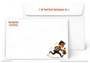 a cartoon character, likely a burgundy-clad figure, running with a bag of money. The background of the image is white, and the text on the envelope reads "Thank You For Your Business!".