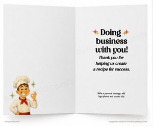Open card with cartoon chef and business greeting text on a white background